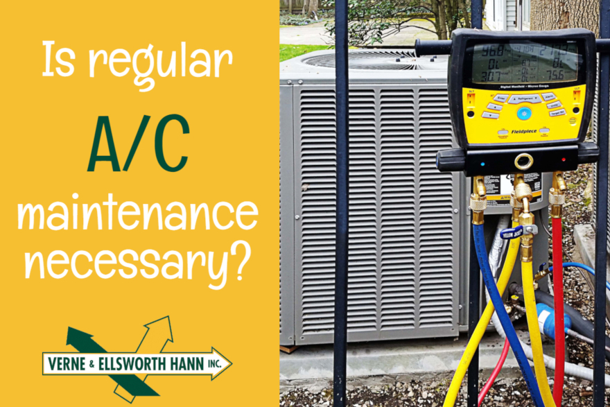 AC maintenance service on outdoor unit with banner reading is regular AC maintenance necessary