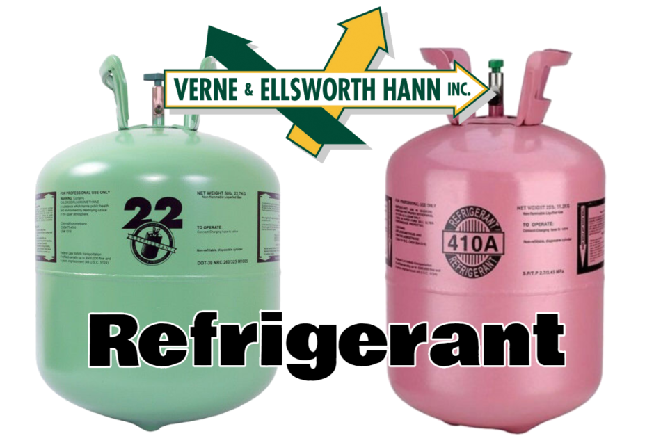 two green and pink canisters with text reading refrigerant