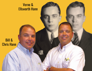 black and white portrait of Verne & Ellsworth Hann behind current owners Bill & Chris Hann